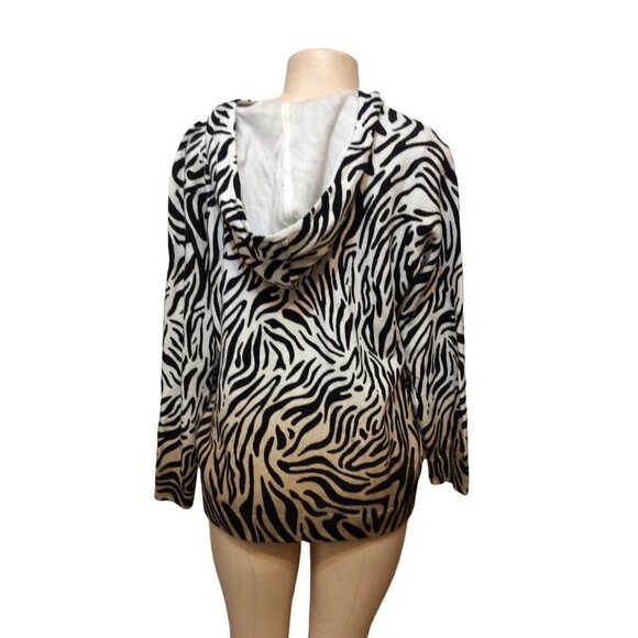 CHICO’S Hooded Jacket Zipper Large Women Black White Tan Zebra Cotton Rayon Nyl - Picture 2 of 3